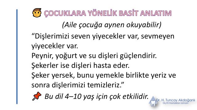 Çocuklara diş sağlığı ve şeker tüketimini anlatmak için ailelere yönelik basit bilgilendirme