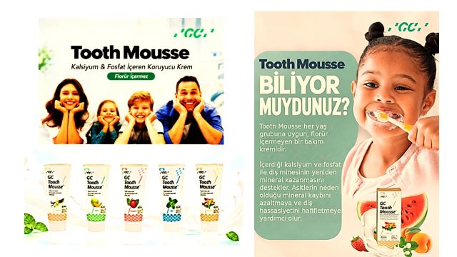 GC Tooth Mousse kalsiyum ve fosfat içeren diş bakım kremi ve çocuklarda kullanımını gösteren görsel